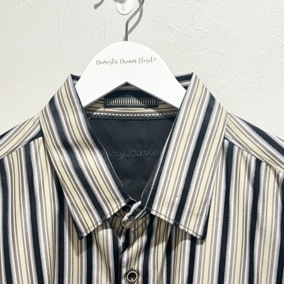 TOMMY BAHAMA Men’s Gray Black Vertical Stripe Long Sleeve 100% Silk Shirt Sz XL - Picture 2 of 10